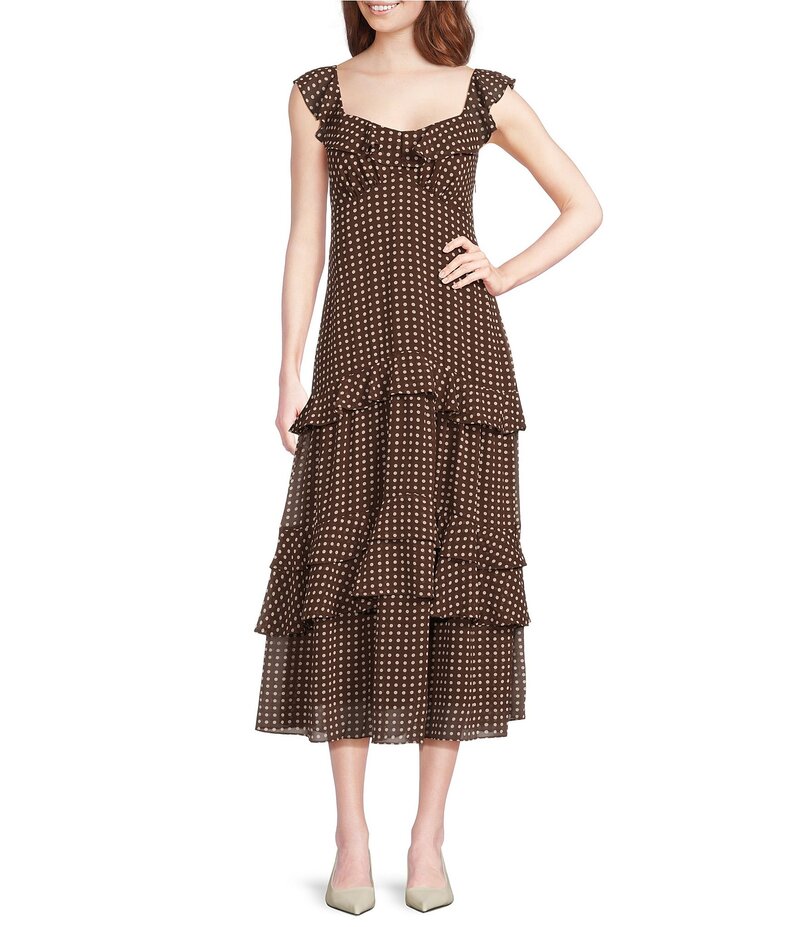 ルーシーパリ レディース トップス ワンピース ティアード シフォン ミディワンピース フリル ミディ ノースリーブ Lucy Paris Cassandra Dotted Chiffon Sweetheart Neck Sleeveless Ruffle Tiered Midi Dress Brown Cream クリーム|ReVida 店