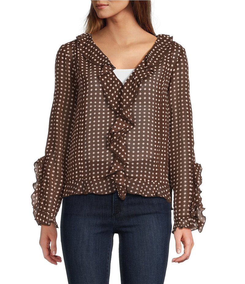 ルーシーパリ レディース トップス シャツ Vネック フリル Lucy Paris Liza Dotted Woven Ruffle V-Neck Long Sleeve Top Brown Cream クリーム