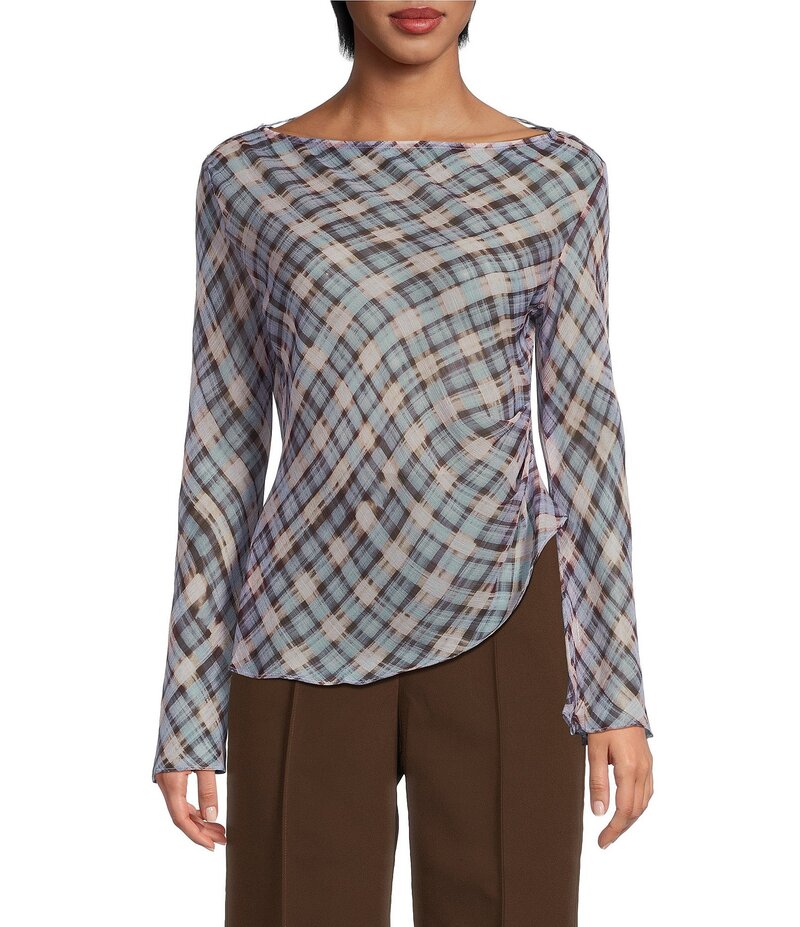 ルーシーパリ レディース トップス シャツ アシンメトリー プリント Lucy Paris Joshua Woven Plaid Print Boat Neck Long Sleeve Asymmetrical Top Blue Plaid ブルー