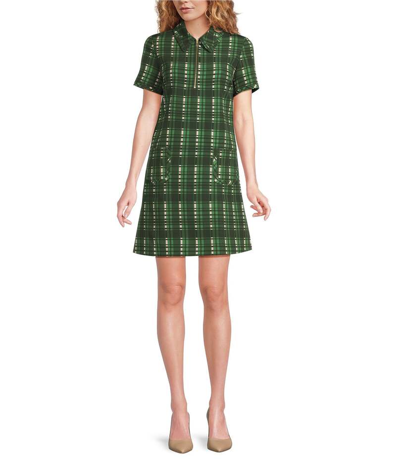タラジャーモン レディース トップス 衣装 ハーフジップ A 伝達ルート 刷り上げる Tara Jarmon Rubina Plaid Print Point Collar Quarter Zip Short Sleeve A-Line Dress Cactus 照合のしるし ワンピース-レディースファッション