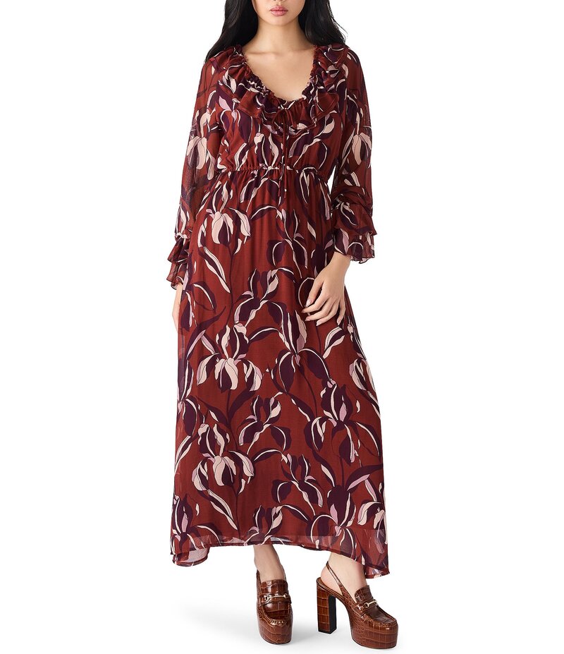 スティーブ マデン レディース トップス 衣装 シフォン 御花柄 刷り上げる フラウンス 御花 Steve Madden Rosabell Floral Print Ruffle Scoop Neck Long Sleeve Textured Chiffon Dress Duberry