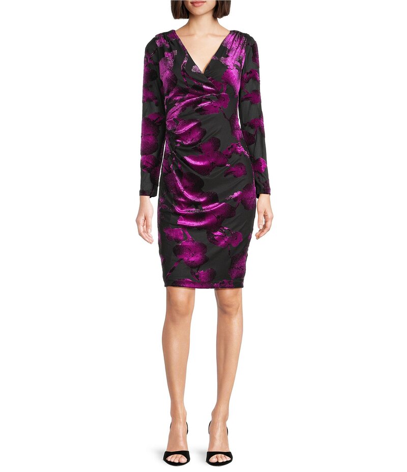 アドリアナ パペル レディース トップス ワンピース ミディワンピース ミディ ベルベット Adrianna Papell Velvet Burnout Long Sleeve Midi Dress Black Violet ブラック 14,746円