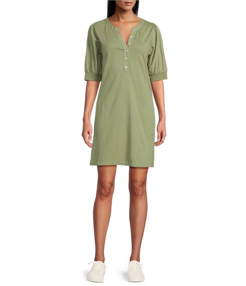 トッミーバハマ レディース トップス ワンピース キャップ ケープ Tommy Bahama Islandscape Henley Pearl Buttons Short Puff Sleeve Shift Dress Dusty Thyme パール|ReVida 店