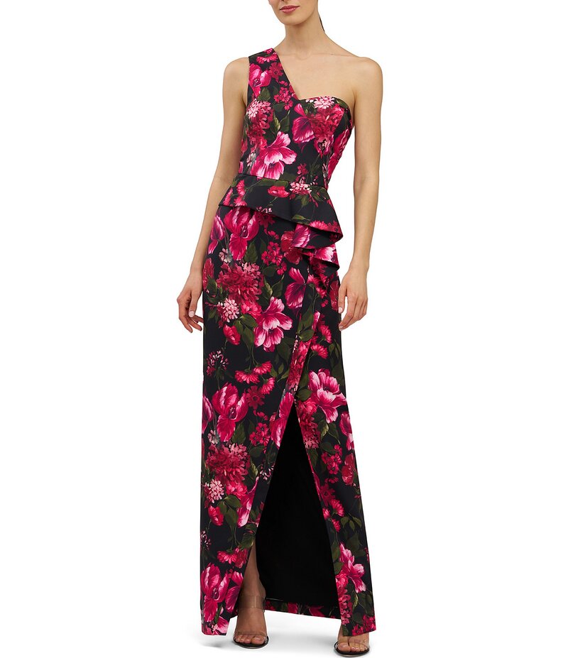 ケイ アンジャー レディース トップス ワンピース フラワー柄 フラワー Kay Unger Josephine One Shoulder Floral Column Gown with Slit Black Multi ブラック