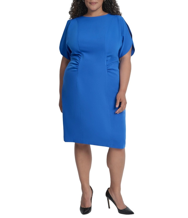 ダナキャラン レディース トップス ワンピース ウエストマーク プラスサイズ DKNY by Donna Karan Plus Size Salon Stretch Spilt Sleeve Cinched Waist Sheath Dress Classic Blue ブルー