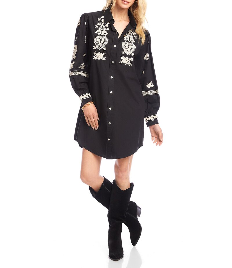 カレンケーン レディース トップス ワンピース シャツワンピース シャツ Karen Kane Blouson Long Sleeve Point Collar Rope Stitch Embroidery Shirtdress Black/Tan ブラック 14,541円