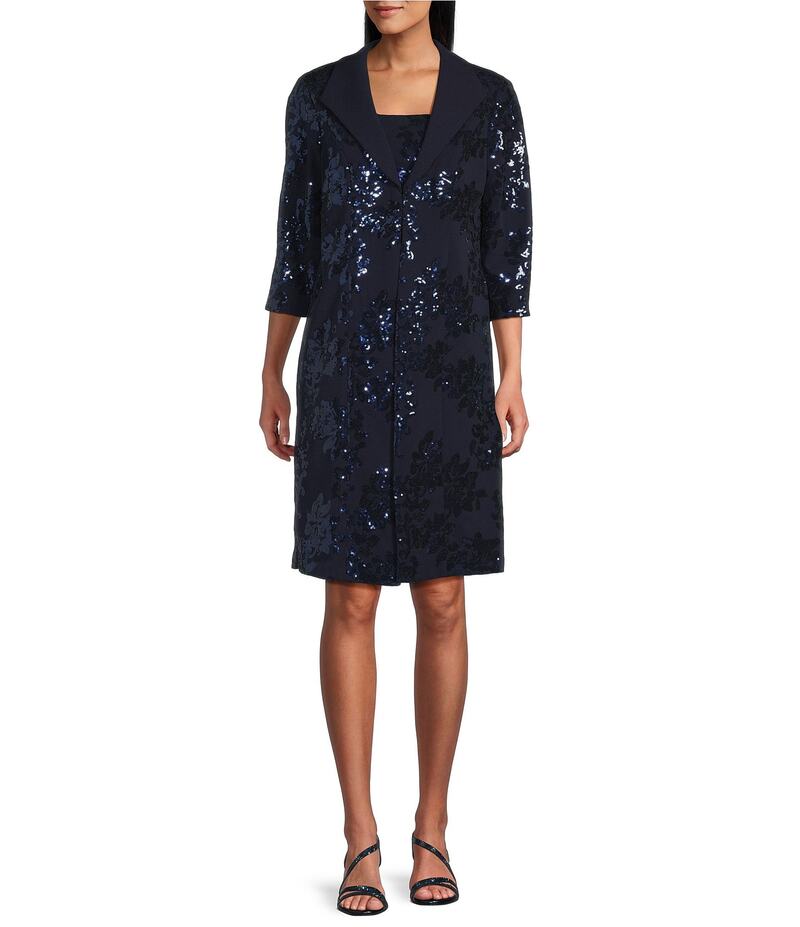 アレックスイブニングス レディース トップス ワンピース クレープ スキューバ スパンコール ジャケット Alex Evenings Stretch Scuba Crepe Sequin 2-Piece Jacket Dress Navy ネイビー