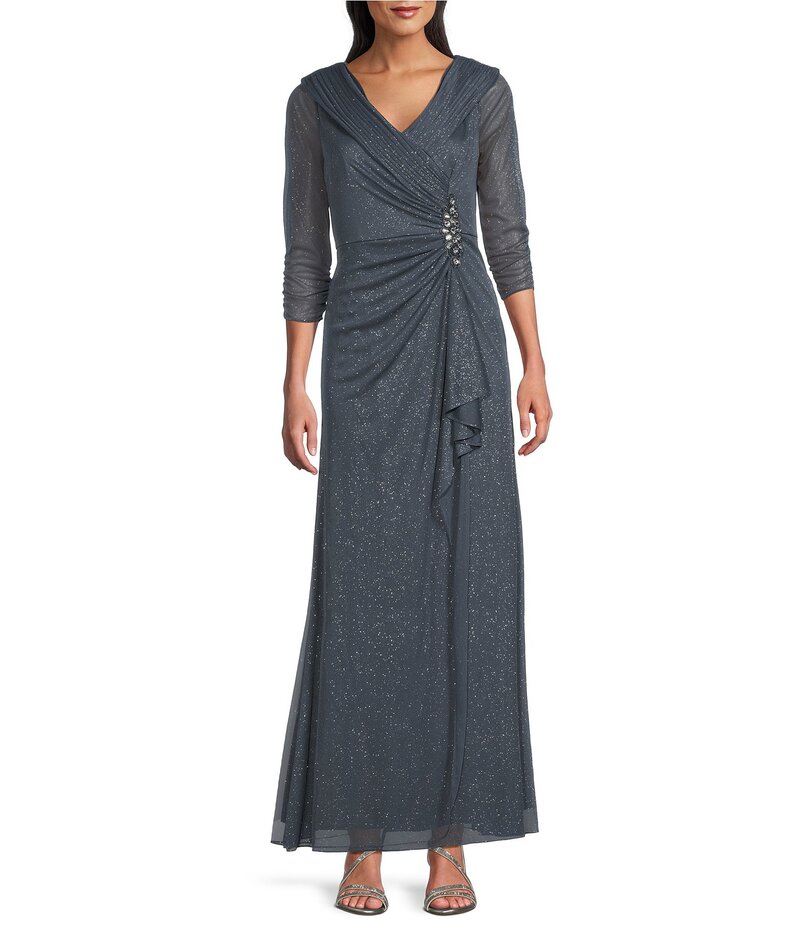アレックスイブニングス レディース トップス ワンピース ギャザー メッシュ Alex Evenings Glitter Mesh Embellished Ruched Waist 3/4 Sleeve Gown Smoke スモーク