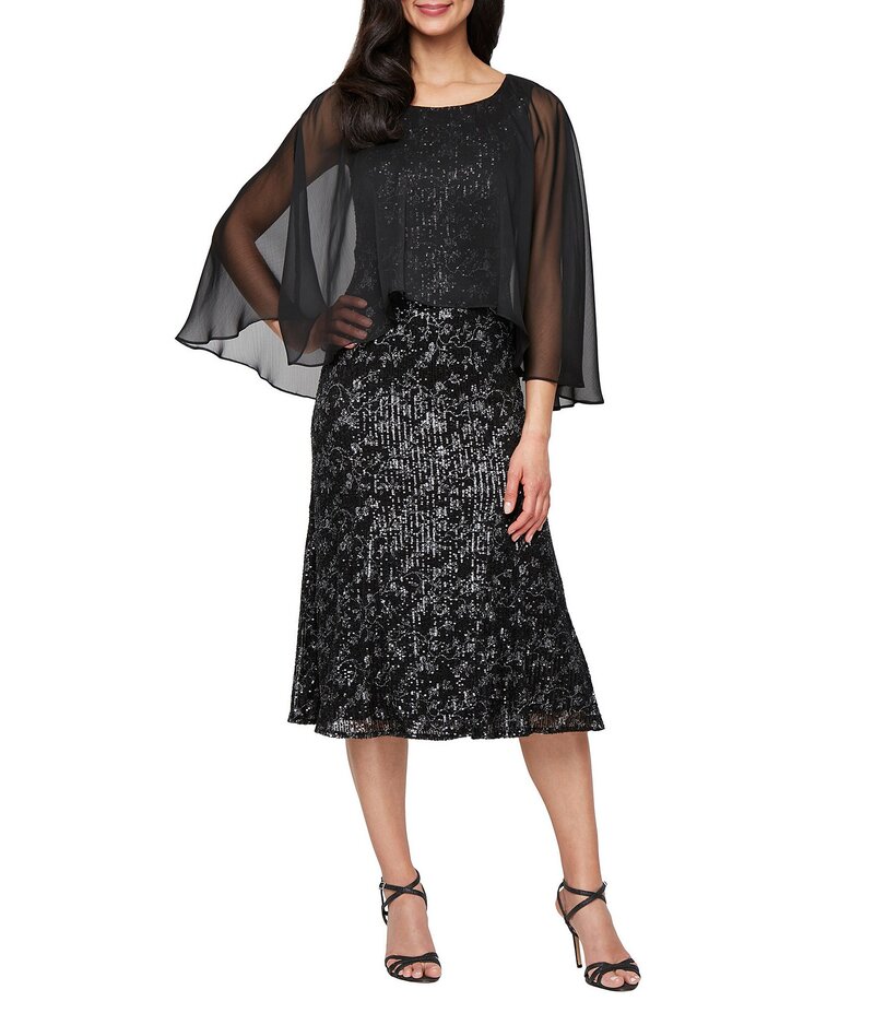 イグナイト レディース トップス ワンピース シフォン ミディワンピース ミディ スパンコール Ignite Evenings Sequin Chiffon Cascade Sleeve Midi Dress Black ブラック