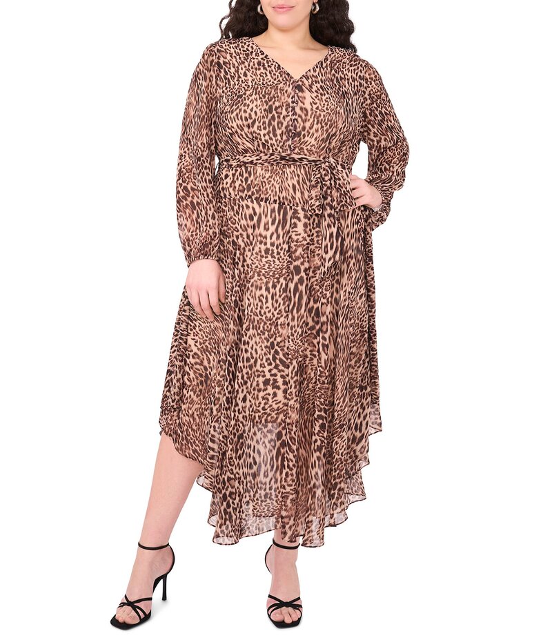 ヴィンスカムート レディース トップス ワンピース Vネック アニマル柄 マキシワンピース プラスサイズ プリント マキシ Vince Camuto Plus Size Animal Print Woven V-Neck Long Sleeve Maxi Dress Rich Taupe トープ
