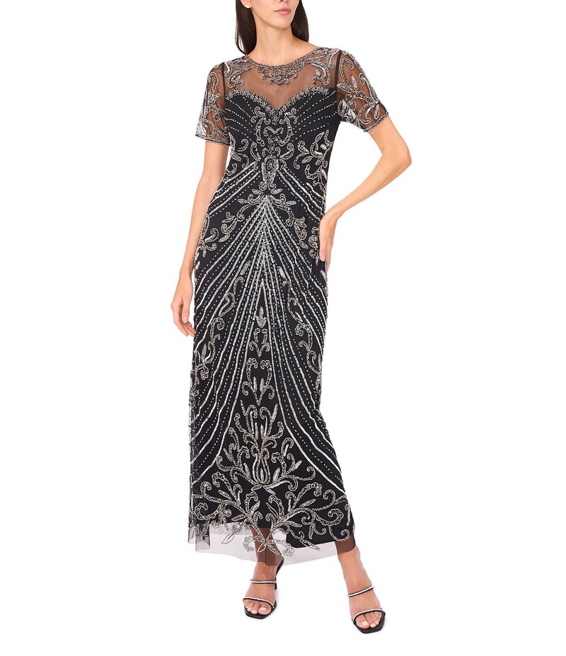 ピサッロナイツ レディース トップス ワンピース メッシュ Pisarro Nights Mesh Short Sleeve Beaded Sheath Gown Black ブラック 46,680円