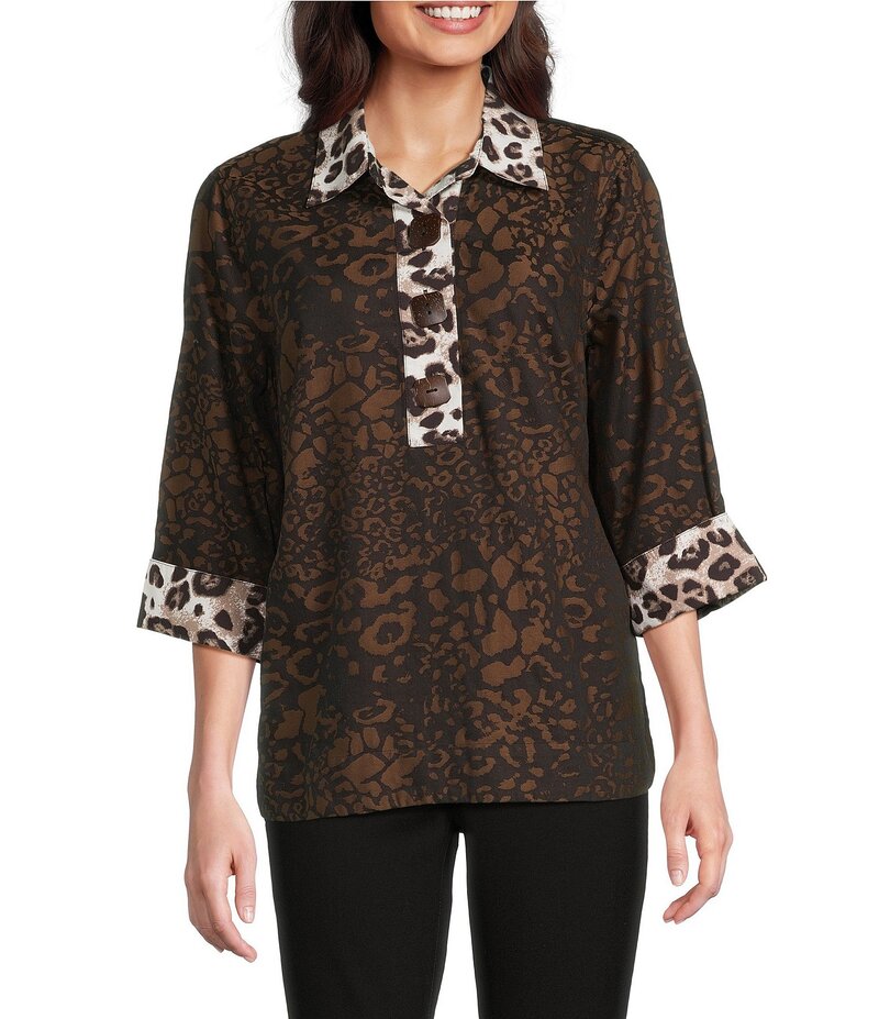 アリ マイルス レディース トップス シャツ アニマル柄 プチ プリント コントラスト Ali Miles Petite Size Woven Animal Print Point Collar 3/4 Sleeve Contrast Trim Hi-Low Hem Tunic Multi Animal Print マルチカラー