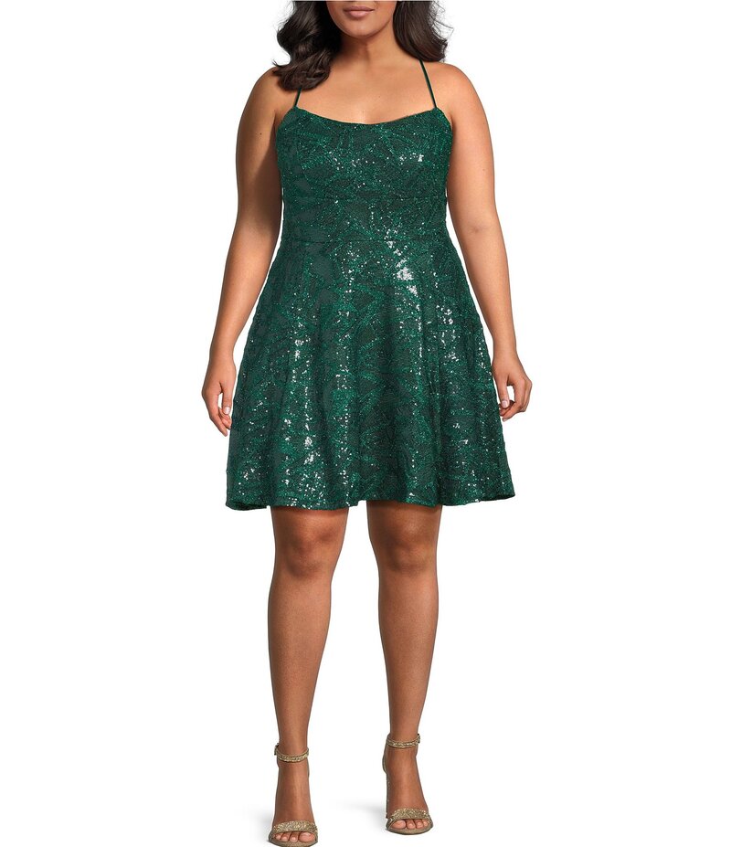 ハニーアンドロージー レディース トップス ワンピース プラスサイズ スパンコール 刺繍 Honey and Rosie Plus Size Sequin Embroidered Criss Cross Back Fit And Flare Dress Emerald エメラルド|ReVida 店