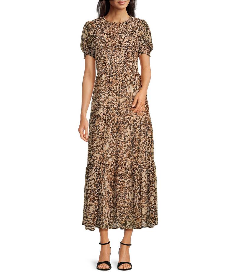 アンクライン レディース トップス ワンピース シフォン クルーネック アニマル柄 マキシワンピース プリント シャーリング マキシ Anne Klein Animal Print Crew Neck Short Puff Sleeve Smocked Printed Chiffon Maxi Dress Light Coffee Multi コーヒー