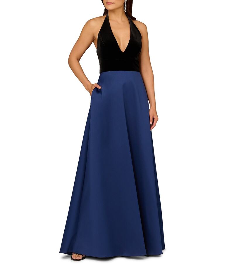 アイダンマットックス レディース トップス ワンピース Vネック A ライン ベルベット サテン ホルター Aidan Mattox Halter Deep V-Neck Satin Velvet A-Line Gown Black/Blue ブラック 47,880円