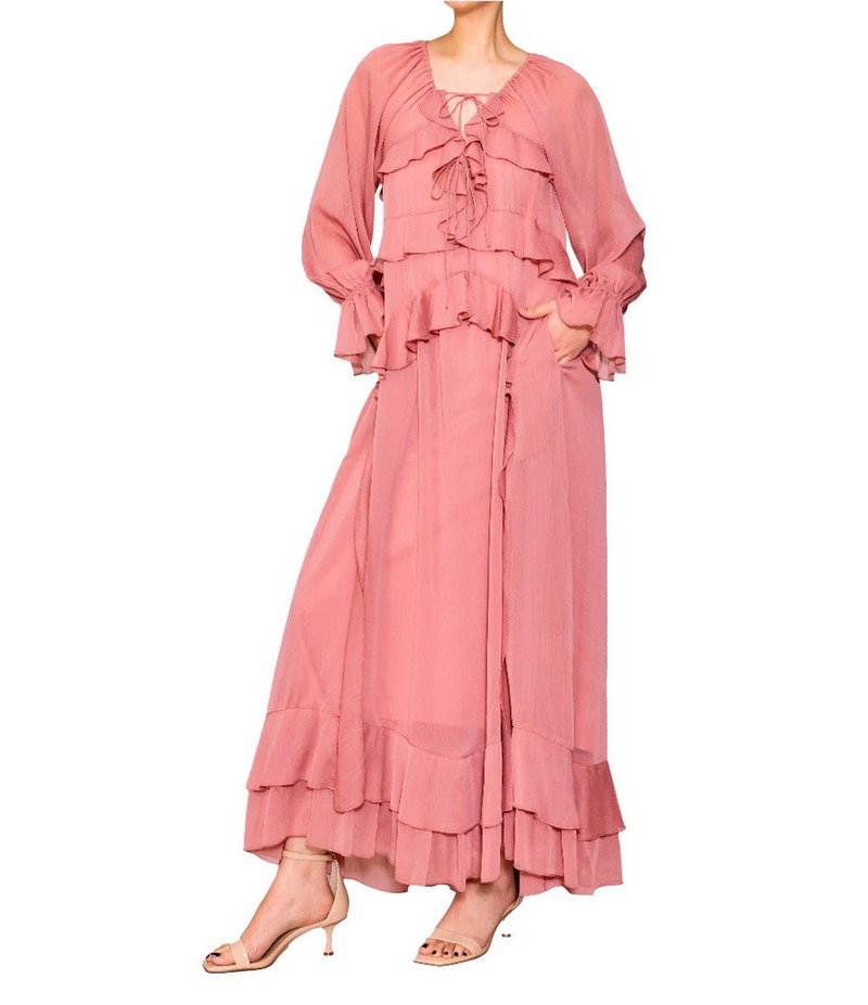 メロデイ レディース トップス ワンピース Vネック ティアード シフォン マキシワンピース フリル マキシ MELLODAY Ruffle Chiffon Tie V-Neck Long Sleeve Tiered Maxi Dress Dusty Pink ピンク