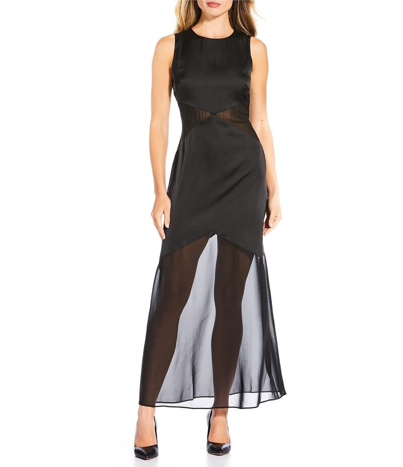 ドナモーガン レディース トップス ワンピース サイドスリット マキシワンピース メッシュ ノースリーブ マキシ Donna Morgan Charmeuse Mesh Side Slit Sleeveless Maxi Dress Black ブラック