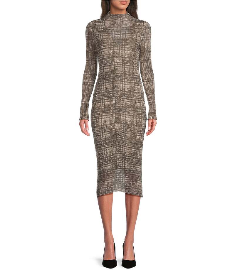 ヒューゴボス レディース トップス ワンピース モックネック ミディワンピース プリント メッシュ ミディ BOSS by Hugo Boss Printed Mesh Mock Neck Long Sleeve Midi Dress Basalt
