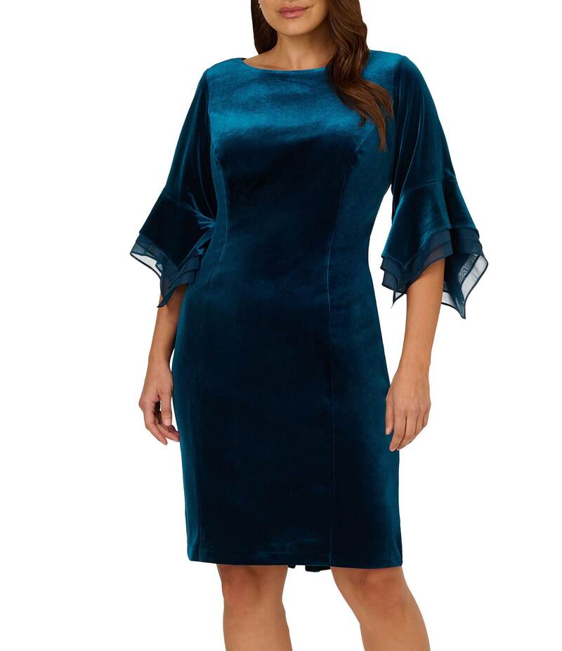 アドリアナ パペル レディース トップス ワンピース ティアード プラスサイズ ベルベット Adrianna Papell Plus Size Stretch Velvet Boat Neck 3/4 Tiered Bell Sleeve Sheath Dress Dark Teal ティール 14,541円