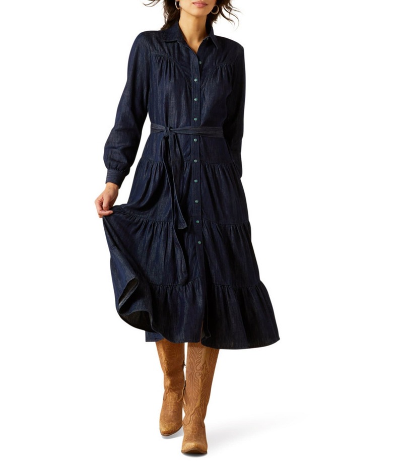 アリアト レディース トップス ワンピース ティアード ミディワンピース ミディ Ariat Sahara Western Yoke Long Sleeve Button Front Tiered Midi Dress Rinse