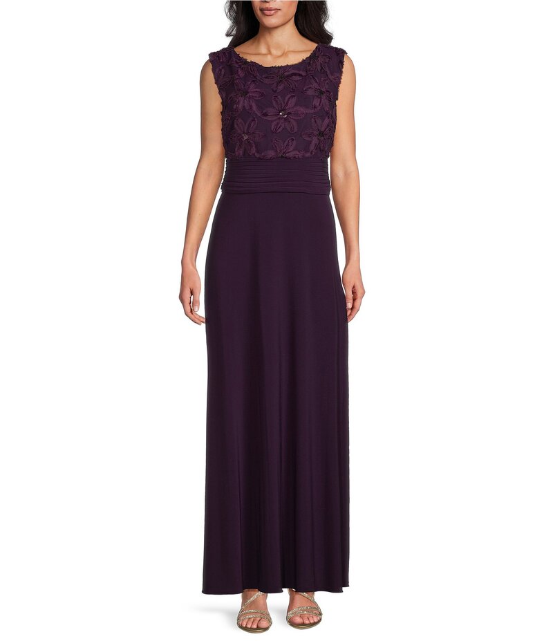 ルボ レディース トップス ワンピース フラワー柄 ギャザー キャップ フラワー Le Bos 3D Floral Ruched Waist Cap Sleeve Gown Eggplant｜ReVida 店