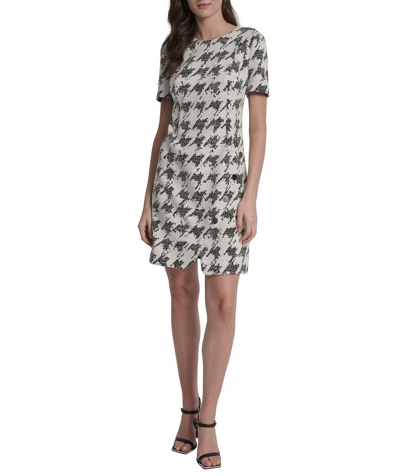 ダナキャラン レディース トップス ワンピース プリント DKNY by Donna Karan Houndstooth Print Short Sleeve Sheath Dress Black/Ivory アイボリー