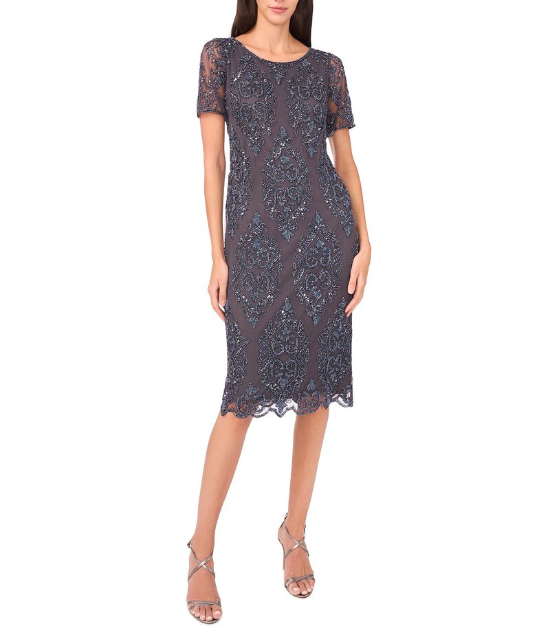 ピサッロナイツ レディース トップス ワンピース ミディワンピース ミディ Pisarro Nights Boat Neck Short Sleeve Beaded Sheath Midi Dress Slate スレート|ReVida 店
