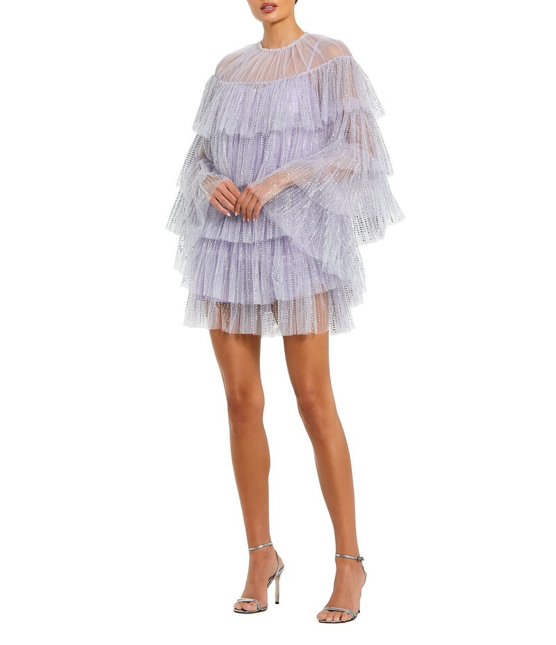 マックダガル レディース トップス ワンピース ケープデザイン フリル ミニ キャップ ケープ Mac Duggal Pearl Trim Tier Ruffles Mini Cape Dress Lilac ライラック|ReVida 店