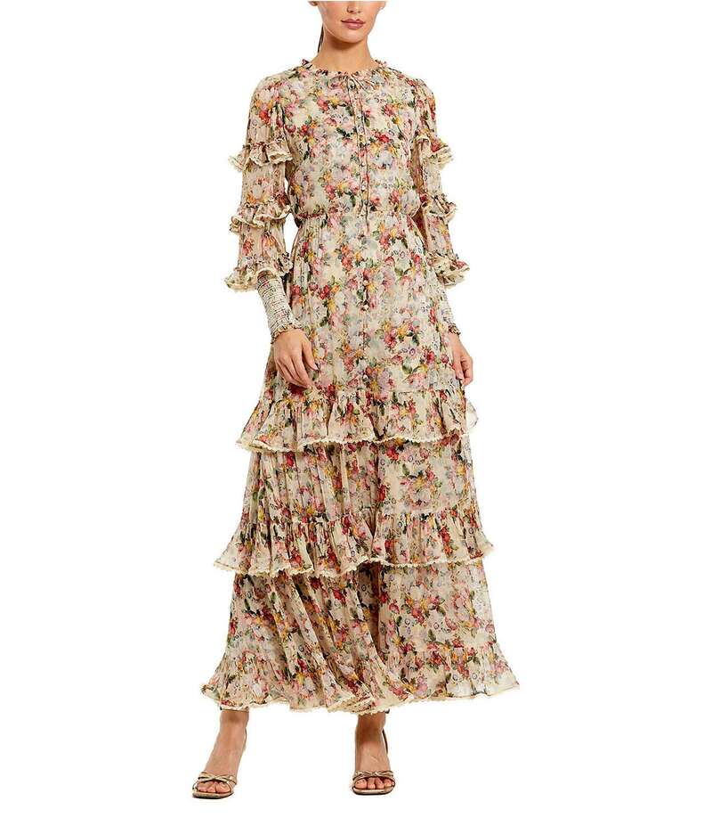 マックダガル レディース トップス ワンピース フラワー柄 プリント フリル フラワー Mac Duggal Long Sleeve Floral Print Ruffle Dress Yellow Multi イエロー｜ReVida 店