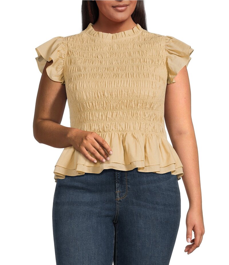 シュガーリップス レディース トップス シャツ プラスサイズ シャーリング ブラウス Sugarlips Plus Size Flutter Sleeve Smocked Woven Blouse Tan タン