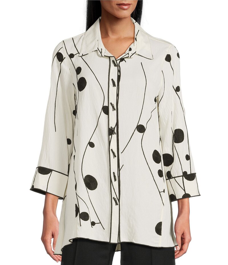 マルチプルズ レディース トップス シャツ Multiples Crinkle Woven Embriordered Point Collar 3/4 Sleeve Hi-Low Hem Button-Front Shirt Soft Ivory アイボリー 8,235円