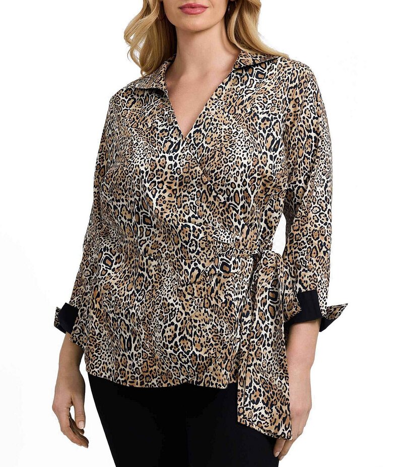 フォックスクラフト レディース トップス シャツ アニマル柄 プラスサイズ プリント Foxcroft Plus Size Salina Playful Animal Print Wing Collar Long Sleeve Wrap Top Brown Multi ブラウン
