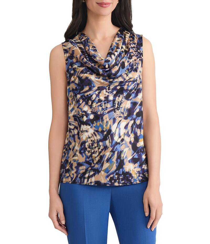 カスパール レディース トップス シャツ プリント サテン ノースリーブ Kasper Printed Satin Sleeveless Scoop Neck Tank Blue Night Multi ブルー｜ReVida 店