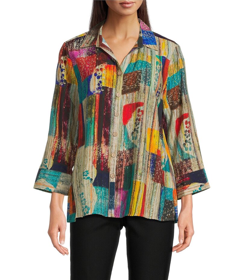 アリ マイルス レディース トップス シャツ プリント Ali Miles Woven Abstract Multi Print Point Collar 3/4 Cuff Sleeve Button Front Tunic Abstract Multi マルチカラー