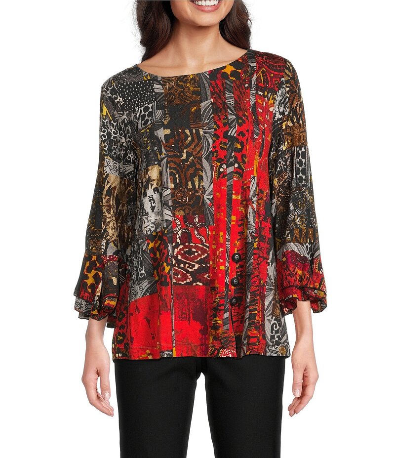 アリ マイルス レディース トップス カットソー フラワー柄 プリント フリル フラワー Ali Miles Paisley Animal Floral Print Round Neck 3/4 Ruffle Sleeve Tunic Multi マルチカラー