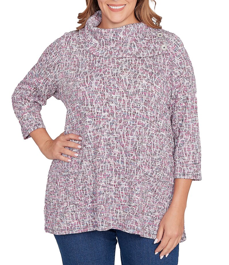 ルビーアールディー レディース アウター ニット・セーター プラスサイズ プリント セーター ニット Ruby Rd. Plus Size Textured Jacquard Knit Space-Dyed Print Cowl Neck 3/4 Sleeve Sweater Deep Blue Multi ブルー