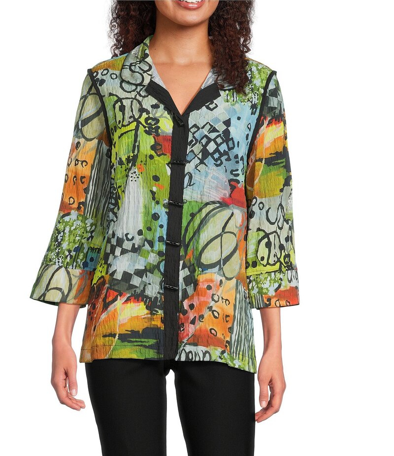 アリ マイルス レディース トップス シャツ プリント Ali Miles Textured Woven Abstract Multi Print Wire Collar 3/4 Sleeve Button-Front Tunic Abstract Multi マルチカラー