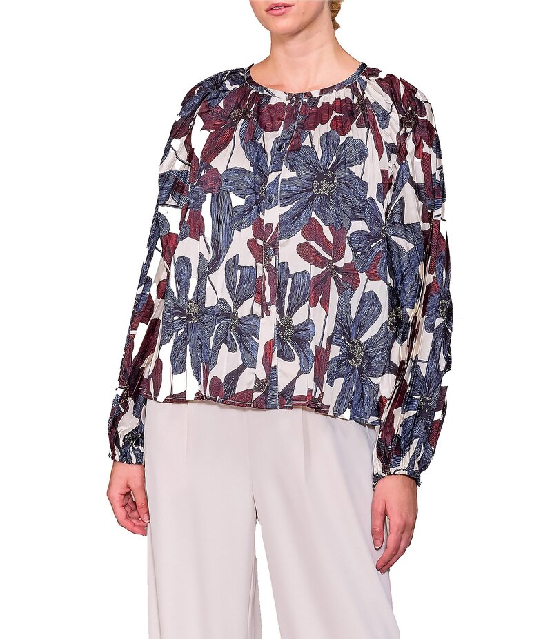 メロデイ レディース トップス シャツ フラワー柄 プリーツ フラワー MELLODAY Floral Pleated Long Sleeve Button Front Top Bone/Purple パープル