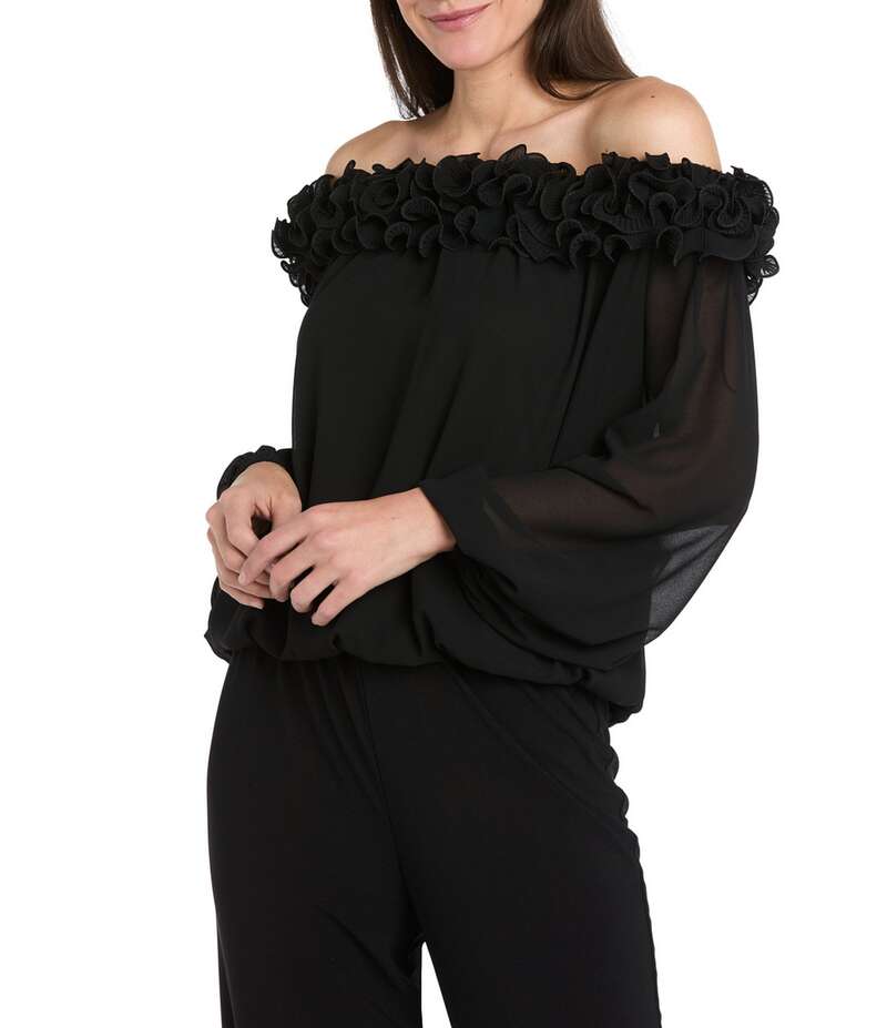 アールアンドエムリチャーズ レディース トップス シャツ シフォン クレープ フリル R & M Richards Souffle Crepe Chiffon Ruffle Trim Off The Shoulder Long Sleeve Blouson Top Black ブラック