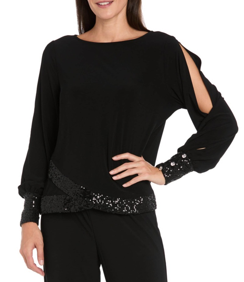 アールアンドエムリチャーズ レディース トップス シャツ スパンコール ブラウス R & M Richards ITY Round Neck Long Spilt Sleeve Sequin Hem Blouse Top Black ブラック