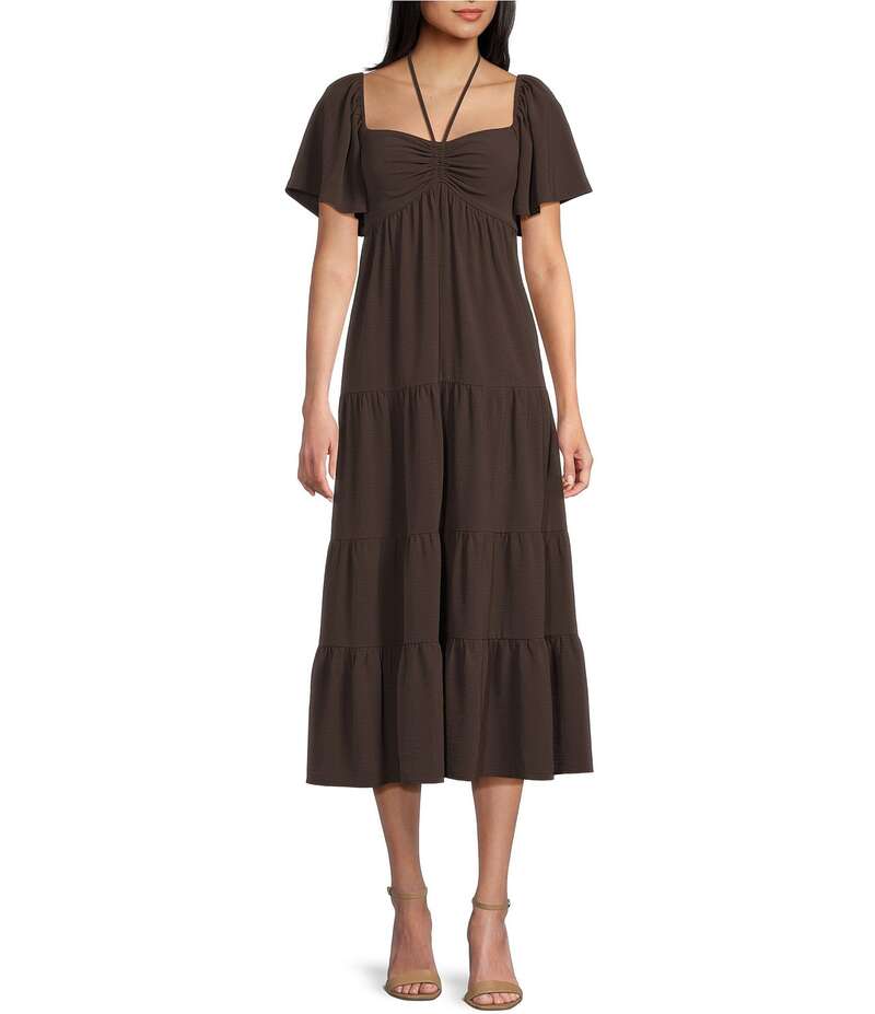 ジービー レディース トップス ワンピース ティアード ミディワンピース ミディ GB Tie Neck Short Sleeve Tiered Midi Dress Brown ブラウン