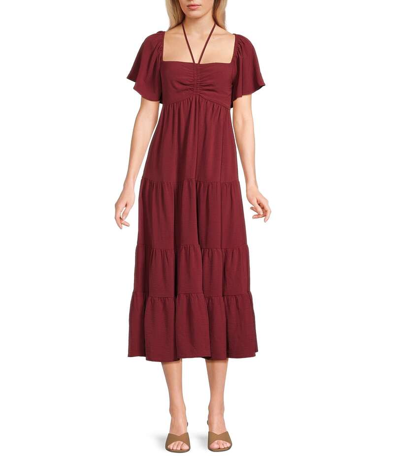 ジービー レディース トップス ワンピース ティアード ミディワンピース ミディ GB Tie Neck Short Sleeve Tiered Midi Dress Wine ワイン