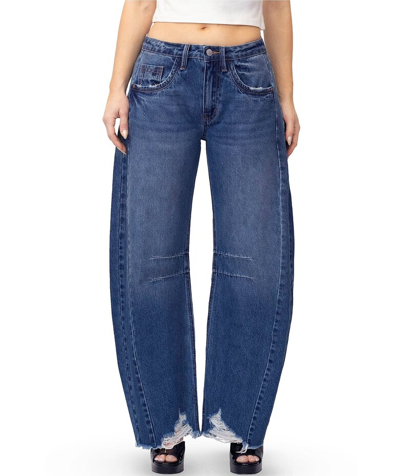 スティーブ マデン レディース ボトムス デニムパンツ ジーンズ Steve Madden Stevie Jeans High Rise Distressed Frayed Hem Barrel Fit Jeans Dark Wash