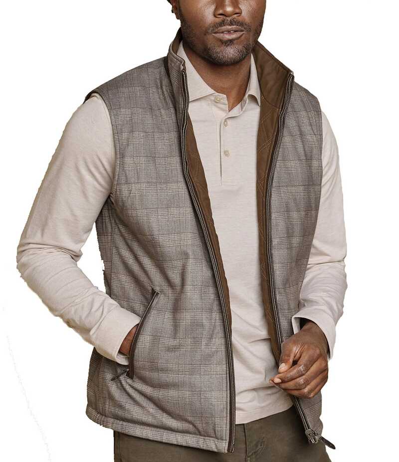 ジョンストンアンドマーフィー メンズ アウター ベスト キルティング Johnston & Murphy Diamond-Quilted Reversible Vest Light Brown/Brown Plaid ブラウン