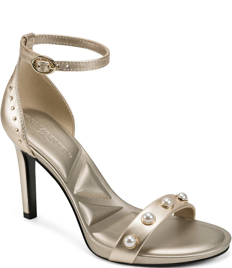 カール ラガーフェルド レディース シューズ サンダル アンクル レザー KARL LAGERFELD PARIS Kenz Pearl and Stud Ornamented Leather Ankle Strap Dress Sandals White Gold ホワイト