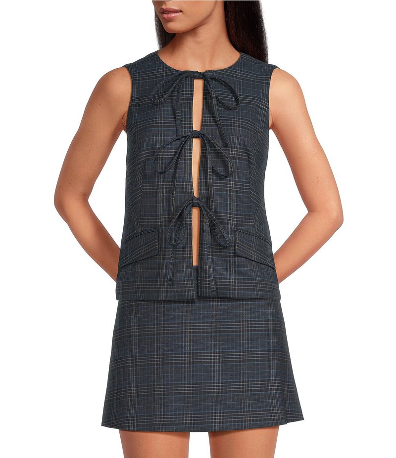 ジャンビニ レディース アウター 限りない ノースリーブ Gianni Bini Brooke Plaid Tie Front Sleeveless Vest Blue Plaid 青色 レディースファッション-コート・ジャケット