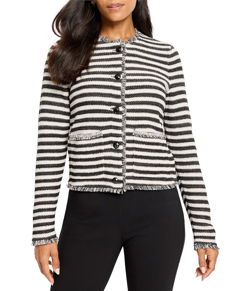 ニックアンドゾー レディース アウター コート ニット フリンジ ジャケット NIC + ZOE Stripe Femme Knit Round Neck Long Sleeve Fringe Mix Jacket Black Multi ブラック