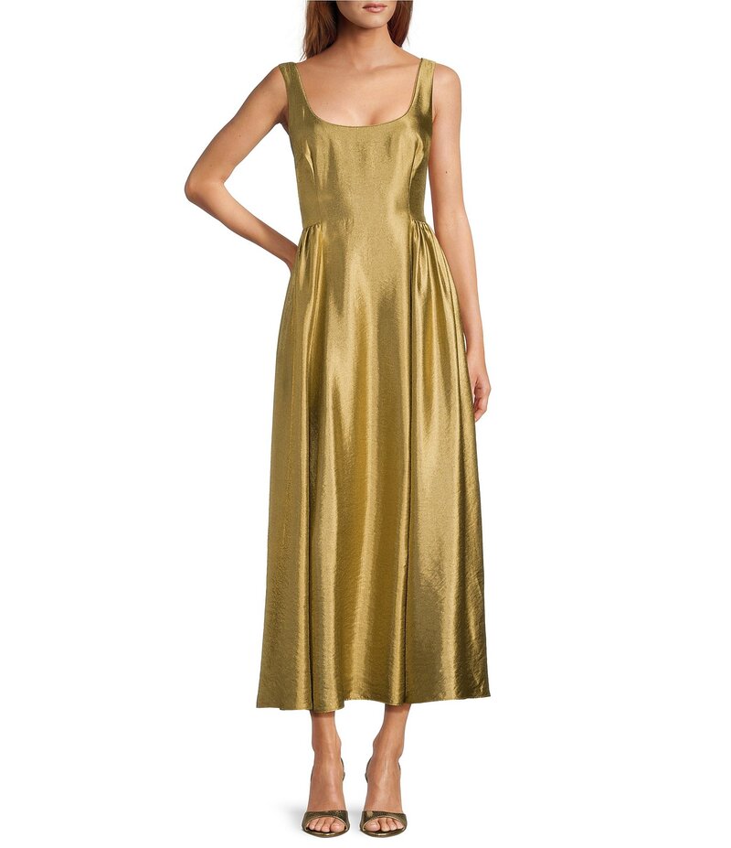 アントニオ メラーニ レディース トップス ワンピース A ライン トール ノースリーブ Antonio Melani Leah Metallic Scoop Neckline Sleeveless Ruching A-Line Dress Lemongrass メタリック
