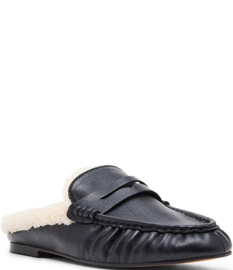スティーブ マデン レディース シューズ パンプス なめし革 置き目毛革 Steve Madden Rafe Faux Fur and Leather Penny Loafer Mules Black 黒いこと