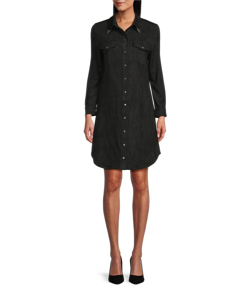 レバ レディース トップス ワンピース シャツワンピース シャツ スエード Reba Mesa Faux Suede Point Collar Long Sleeve Shirttail Hem Shirt Dress Black ブラック|ReVida 店